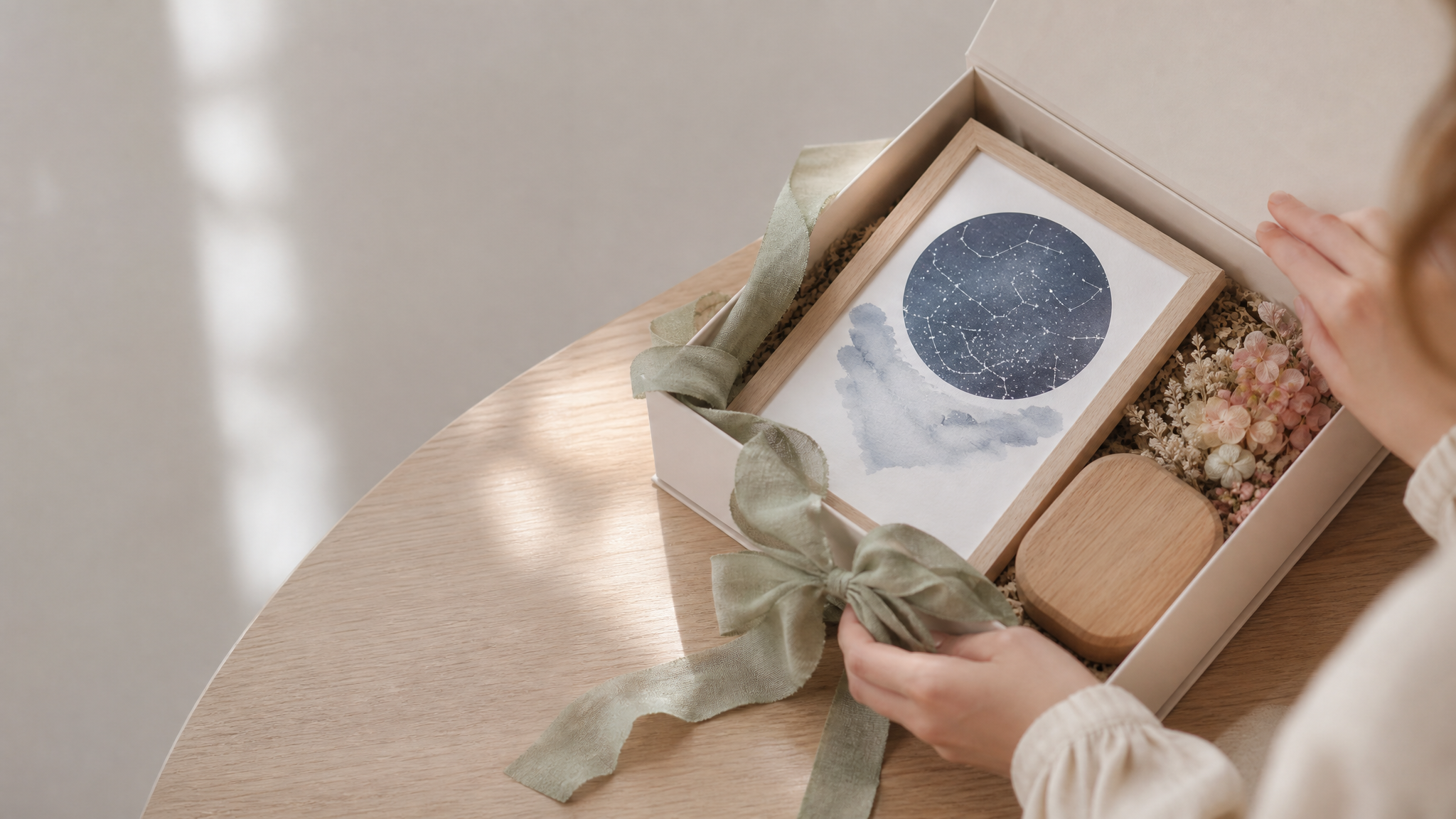 Hands opening a personalised keepsake gift box with a framed star-map print and an engraved wooden keepsake