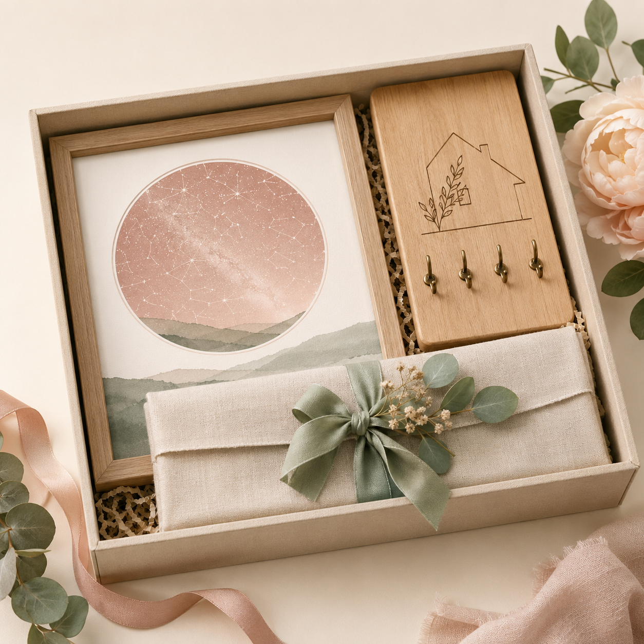 New Home Keepsake Box — A coordinates star-map print, an engraved key board and linen wrapping — the whole first-night-in-the-new-place feeling.